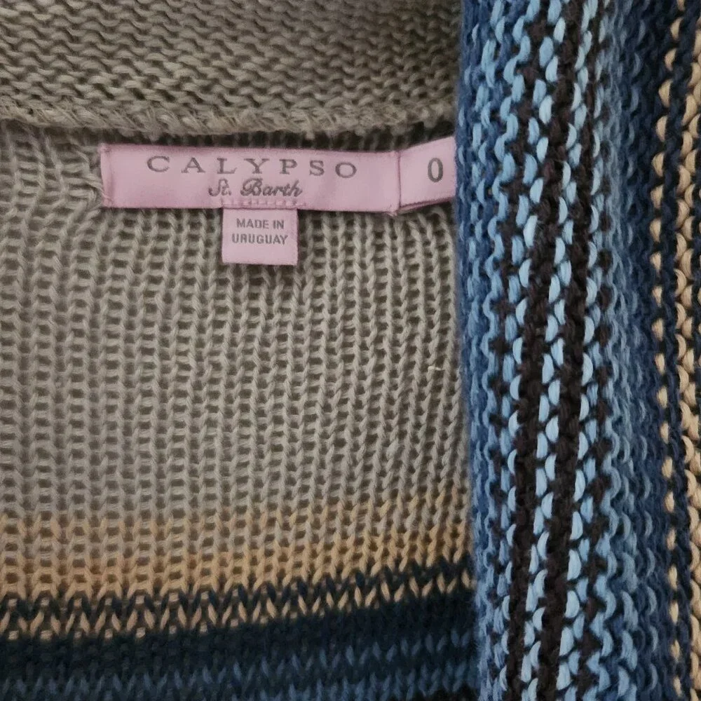 CALYPSO ST. BARTH Beige Linen Knit Blue Stripe Open Cardigan Sweater Size 0 - Picture 2 of 5
